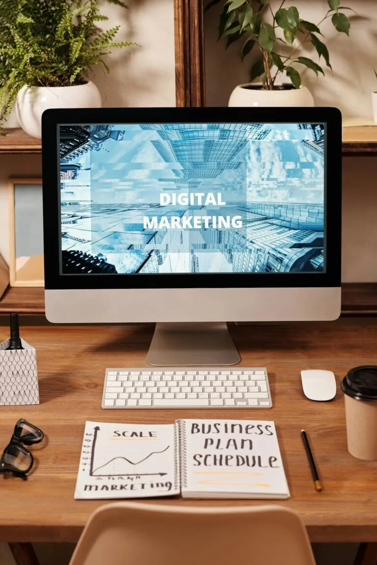 Never Run Out of Ideas: Top Tips for Generating Fresh Blog Topics Contemporary office setup featuring digital marketing strategy on a computer screen, ideal for business technology themes.